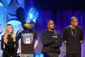 Madonna, Deadmau5, Kanye West, and Jay Z onstage at the Tidal launch event